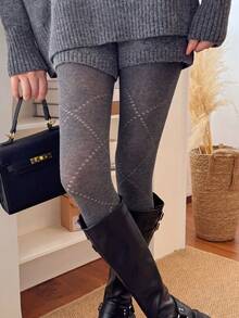 1 Pair Women 103G Fleece-Free Tights, High Waist Cross Pattern Stirrup Pantyhose, Autumn Winter Thin Breathable Textured Leggings - Dark Grey - View 2