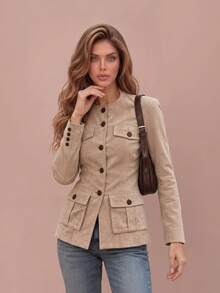 Women's Round Neck Vintage Suede Fitted Coat, Regular Length, Multiple Flap Pockets, Fall Winter Commute Outerwear - Khaki - View 5