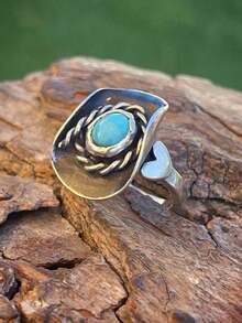 1pc Unique Retro Style Gold Metal Turquoise Ring, Suitable For Daily Wear Or Party Themes - Gold - View 10