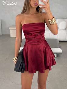 Robe mini sexy en satin pour femme, sans bretelles, dos nu, à nouer, style gâteau, pour l'automne, soirée, robe de soirée, tenue de vacances, invitée de mariage - Rouge foncé - Voir 3