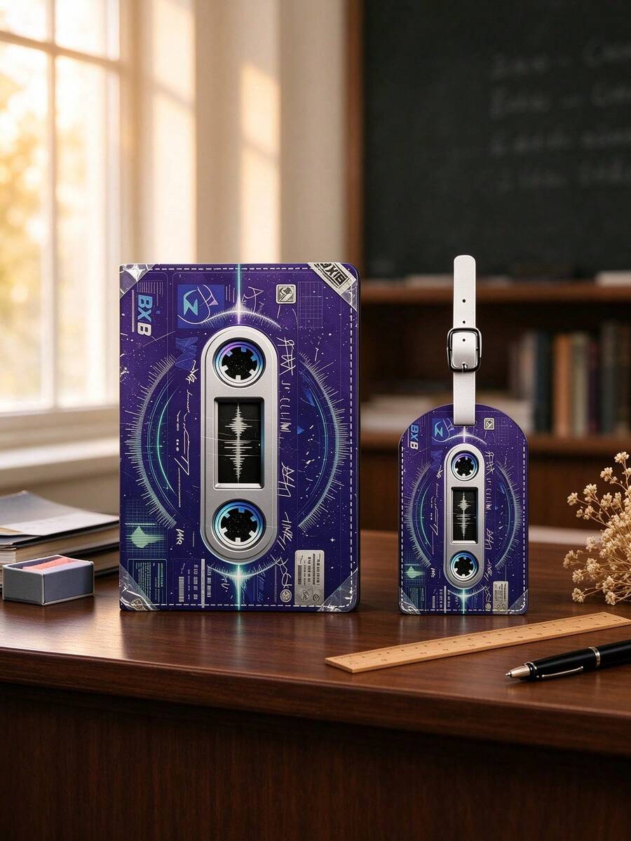 Retro Cassette Tape Theme Theme Passport Holder & Luggage Tag Set,Travel Essential,Suitable For Travel Bags,Backpacks,Birthday,Christmas Gift. - Multicolor - View 1