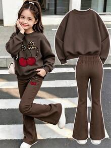 Teen GirlCasual Versatile Cherry Print Crew Neck Sweatshirt And Flare Leggings 2-Piece Set, Autumn/Winter Outfit, Homecoming Wear - Brown - View 2