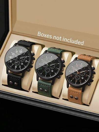 Men's Gift Watch PU Strap Classic Three-Eye Digital Calendar Dial Sports Outdoor Casual Quartz Wristwatch, Gift For Boyfriend (3pcs/Set) Watch Box Not Included