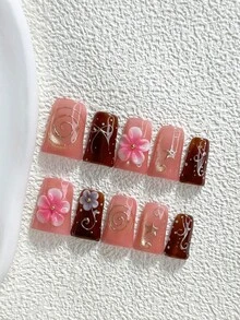 秋季 10片裝馬卡龍飾品風手工穿戴甲 Polygel 凝膠美甲套組，花朵設計，粉色與酒紅色指甲油，夢幻甜美風，3種尺寸可選，杏仁甲、鴨嘴甲、棺材甲，適合派對、跳舞、日常配戴（手工細節可能有所不同） - 彩色 - 查看 2