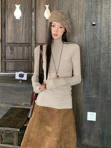 Autumn/Winter Solid Color Long Sleeve Turtleneck T-Shirt - Apricot - View 8