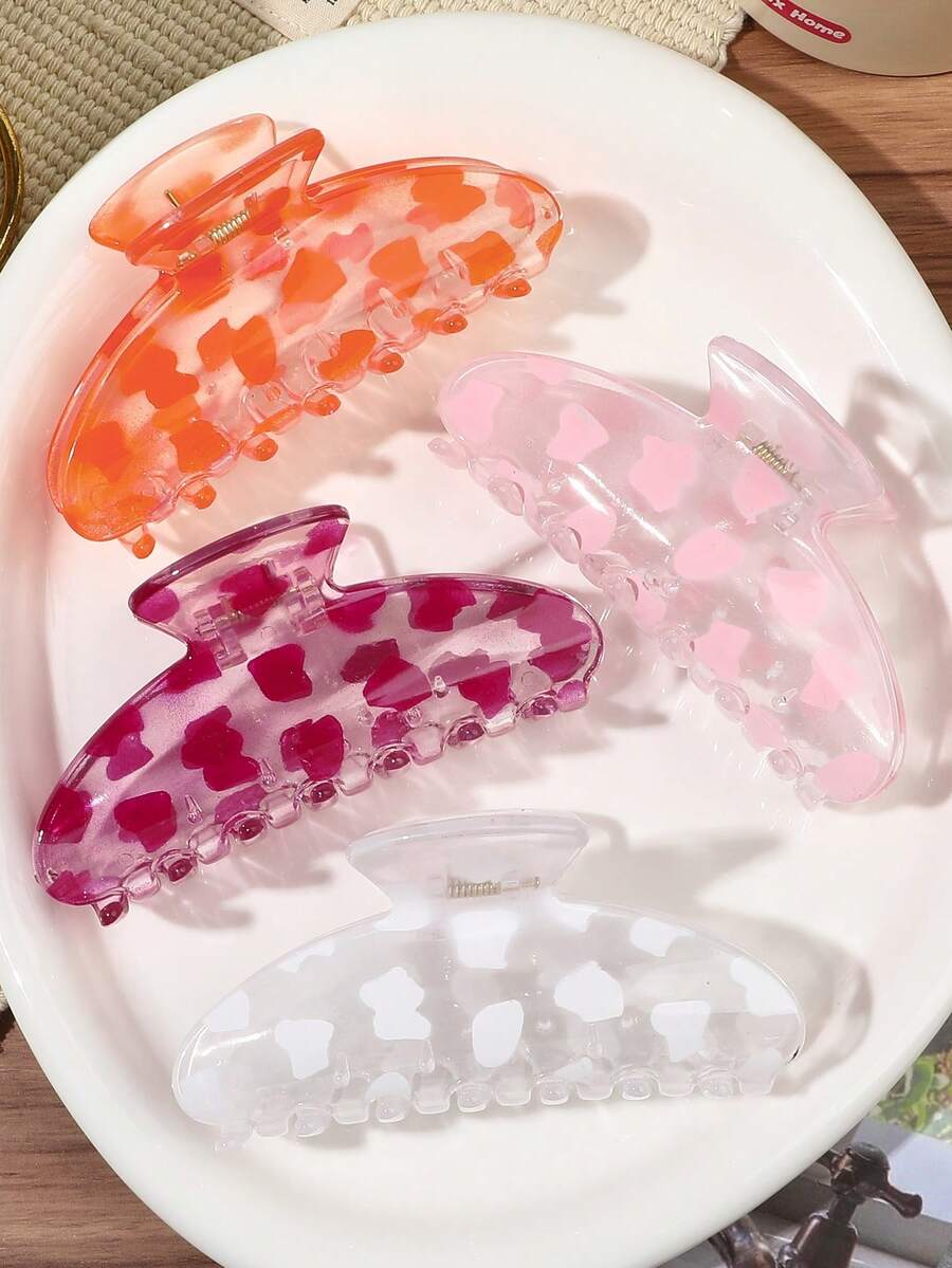 4件組粉橘透明豹紋半月髮夾,清新果凍風半紮丸子頭後髮飾 - 彩色 - 查看 1