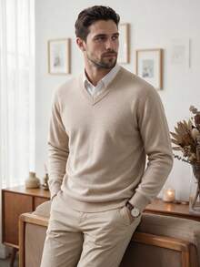 Men's V-Neck Solid Color Thick Knitted Sweater, Straight Fit, Autumn/Winter - Apricot - View 3