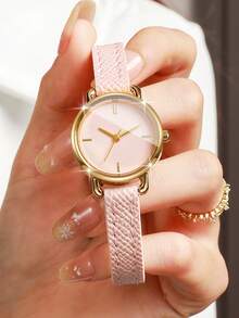Women's Gift Watch With Embossed PU Leather Strap, Minimalist Dial With Markings, Light Luxury Niche Wristwatch, Gift For Best Friend (1pc/Set) Watch Box Not Included - Pink - View 4