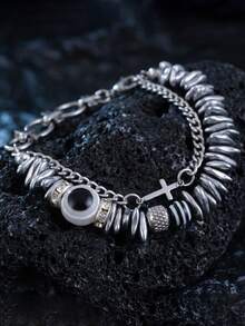 1pc Men's Bracelet, Silver Stainless Steel Waterproof Anti-Fading Anti-Allergic Multi-Layer Chain Evil Eye Hip-Hop Bracelet, Autumn Style Suitable For Daily Street Wear - Multicolor - View 3
