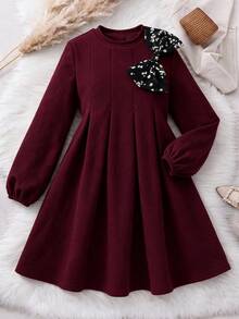 Tween Girls Tween Girl Autumn/Winter Burgundy Pleated Waist A-Line Bow Contrast Design Vintage Cute Casual Vacation Dress - Burgundy - View 7