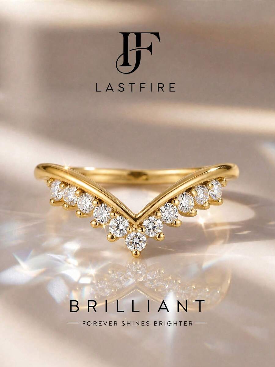 1pc Moissanite Ring, Elegant V-Shaped Single Row Round Bezel Band, Suitable For Women's Party And Daily Wear - Crown Moissanite Ring - View 1