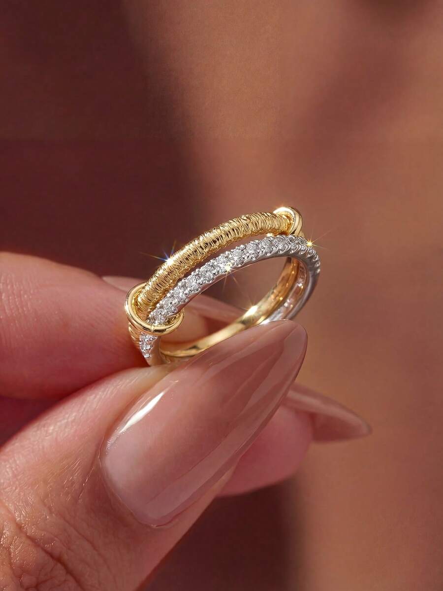 1pc Classic Cubic Zirconia Double Ring Ring, Women's Jewelry, Party Gift, Birthday Gift, Daily Wear