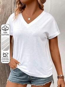 Women Casual V-Neck Short Sleeve Patchwork Cuff T-Shirt, Versatile Style For Spring And Summer 100Cotton - White - View 5