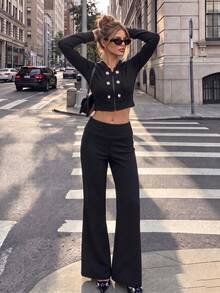 Women's Double-Breasted Long Sleeve Hooded Sweatshirt & Loose Pants Set - Black - View 2
