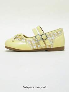 Sepatu Flat Mary Jane Mengkilap Motif Kotak-kotak untuk Anak Perempuan, Tali Gesper Ganda, Pita, Ujung Bulat, Sol Lembut, Musim Gugur 2026 - Kuning - View 3