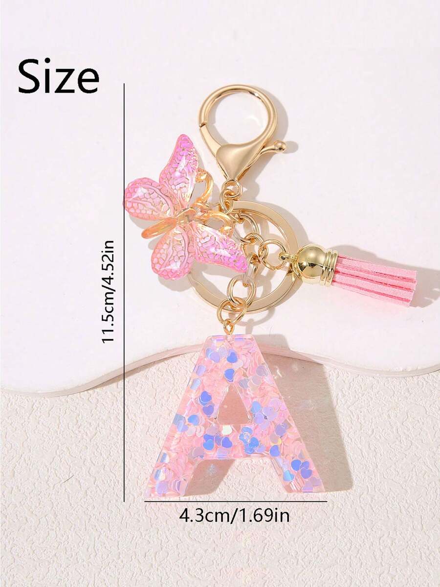 Women's Fashion Initial Keychain With Cute Butterfly Tassel Sequin Resin Letter Key Ring Pendant, Backpack Wallet Handbag Car Key Chain Charm, Valentine's Day Gift For Girlfriend - Pink - View 1