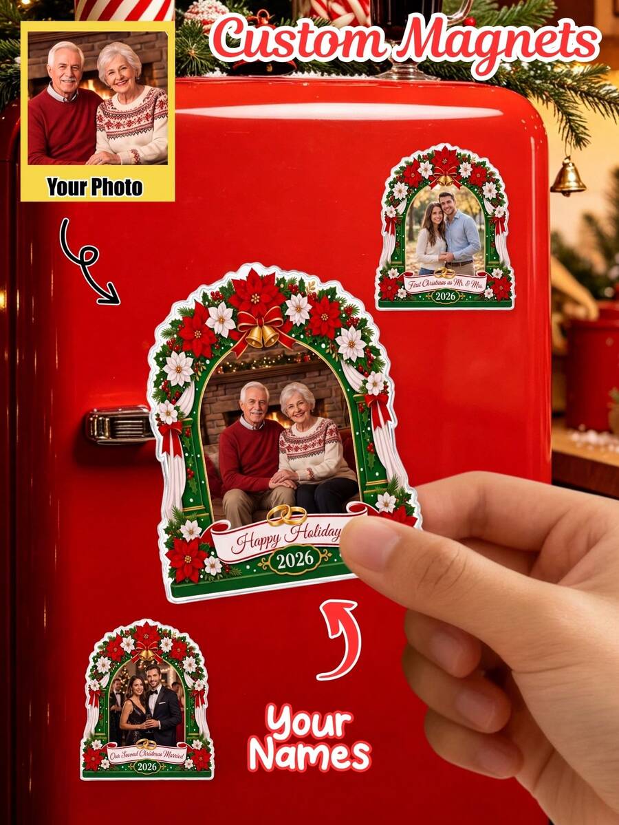 Custom Personalized Photo Christmas Fridge Magnets, Personalized Name Family Photo Fridge Stickers, Custom Holiday Commemorative Decorations, Christmas Gifts For Couples And Families, Home Holiday Decoration Magnets, Kitchen Decor, Home Decor, - Multicolor - View 1