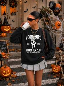 Sweat-shirt col ras-du-cou pour femmes avec motif de visage de fantôme de film d'horreur, Top ample et décontracté de style sombre pour Halloween, choix idéal pour l'automne - Noir - Voir 1