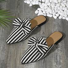 Women's Striped Bow Pointed Toe Mule Slippers, Flat Closed Toe Half-Slip Outdoor Shoes - Black and White - View 8