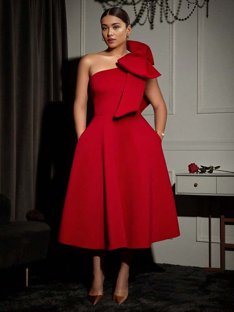 Vestido formal de un solo hombro de unicolor, vestido de fiesta con lazo, vestido de cóctel para invitada de boda primavera rojo otoño - Rojo - Añade 1