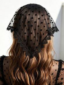 1PC Black Polka‑Dot Sheer Tulle Headband, Vintage Lace‑Trimmed Headpiece, Masquerade & Performance Hair Accessory - Black - View 8