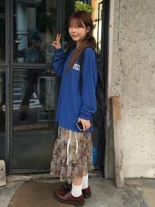 Vintage Letter Print Crew Neck Long Sleeve Top - Blue - View 2