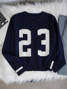American Retro Sexy Hot Girl College Style Digital Jacquard Knit Cardigan, Contrast White Striped Cuffs, Versatile Layering Top - Royal Blue - View 6