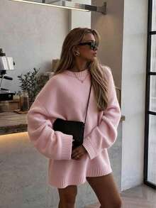 كنزة نسائية جديدة بتصميم بسيط متعددة الاستخدامات كاجوال بأكمام طويلة وكتف منسدل - وردي - مشاهدة 1