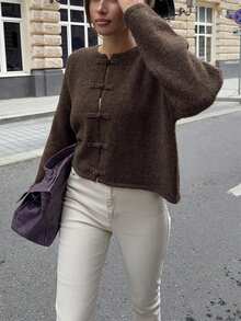 New Chinese Style Frog Button Knit Cardigan Women's Autumn Vintage Round Neck Loose Drop Shoulder Long Sleeve Short Jacket Soft Cozy Sweater Top - Brown - View 8