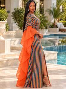 Women Striped Print Bubu Maxi Dress V Neck Contrast Orange Mesh Batwing Sleeve Split Front Loose Flowy Long Kaftan Dress For Party Holiday - Orange - View 5