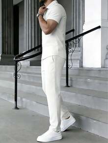 2pcs Men's Turn-Down Collar Button-Up Short Sleeve Top + Elastic Waist Long Pants Pajama Loungewear Set - White - View 4