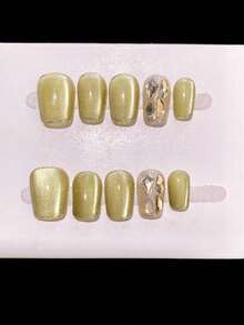 10pcs Handmade Press-On Nails, Y2K Style, Autumn Maple Leaf Color Palette, Autumn Floral & White Gradient, Caramel Gradient, Suitable For Girls And Women For Festivals, Music Festivals, Daily Wear, Valentine's Day Gift - Gold - View 13