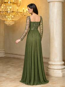 UNITHORSE[Random Cut]Square Neck Waist-Cinching Long Sleeve Sequin Patchwork Faux Evening Gown Dress - Olive Green - View 2