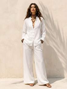 Women's White Non-Stretch 2 Pieces Casual Formal Wide Leg Pants Set, Suitable For Home Leisure, Travel And Vacation - White - View 3