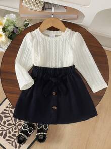 2pcs Baby Girl Fresh Artistic Style Round Neck Long Sleeve Top & Corduroy Bowknot Button A-Line Skirt Set, Spring Autumn Thin - Navy Blue - View 2