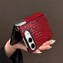 Luxury Classics Dark Red Crocodile Pattern Phone Case With Protable Strap Compatible With IPhone Duo Fold Ultra 18 Fold Case Anti-Drop Back Cover - Burgundy - View 3