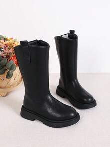 Autumn/Winter New Thermal Lined Children's Side Zipper Thick Sole Mid-Calf Boots Round Toe Buckle Vintage Versatile Snug Fit Height-Increasing Kids Boots - Black - View 1