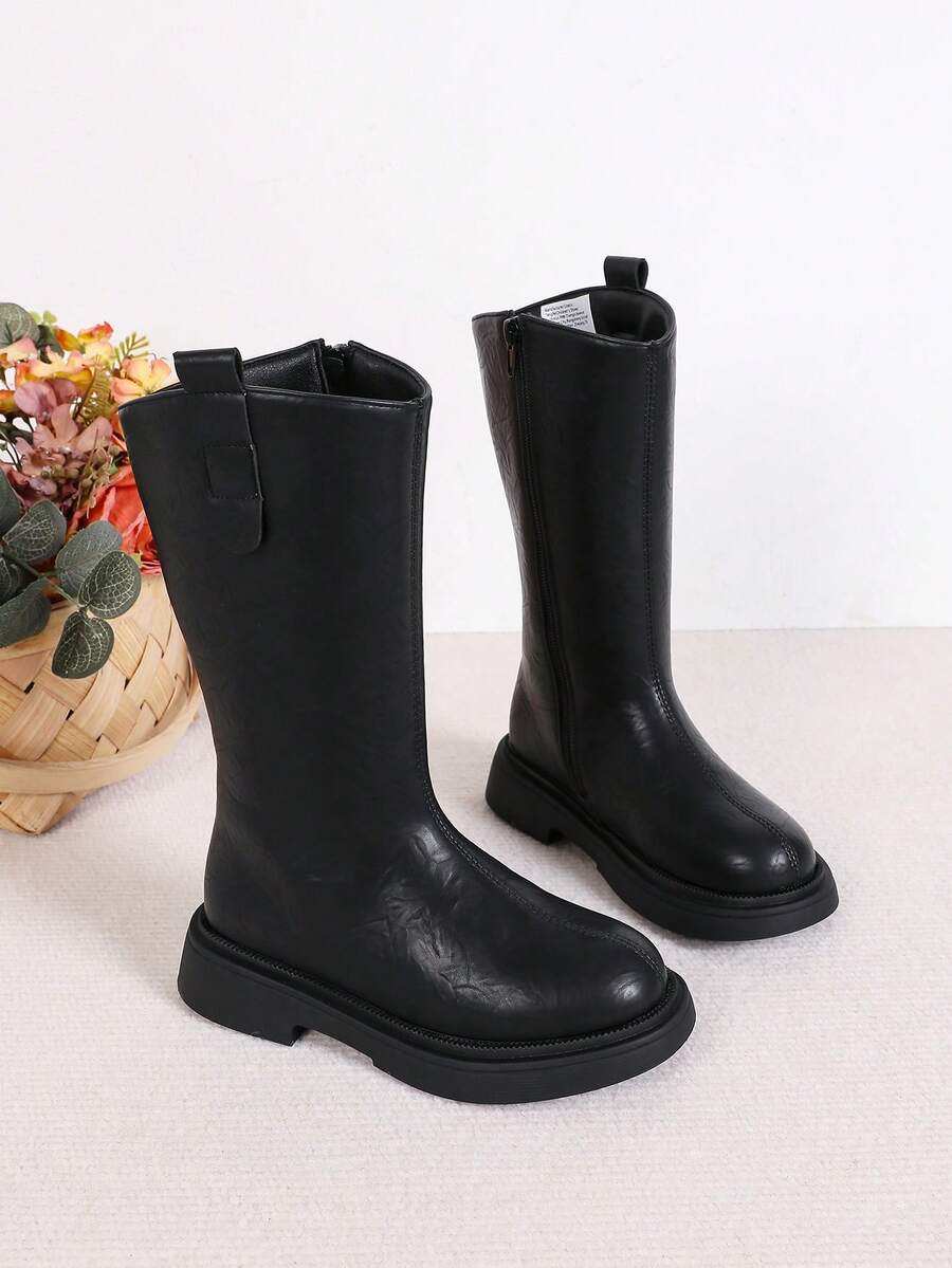 Autumn/Winter New Thermal Lined Children's Side Zipper Thick Sole Mid-Calf Boots Round Toe Buckle Vintage Versatile Snug Fit Height-Increasing Kids Boots - Black - View 1