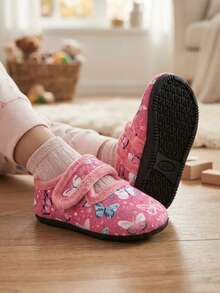 Girls' Indoor Slippers Socks Shoes, Lightweight Soft Rubber Sole, Warm And Comfortable For Autumn/Winter, Pink Butterfly Hook-And-Loop, For Toddlers And Middle Children - Pink - View 3