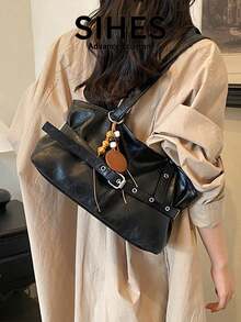 1pc Solid Color PU Leather New Women's Bag, Shoulder Bag, Fashionable Versatile Square Handbag, Baguette Bag, Zipper Closure, Dual Handles, Suitable For Commuting, Shopping, Dating - Black - View 6