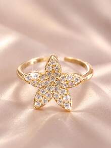 1pc Women's Cubic Zirconia Star Adjustable Open Ring, Stackable Finger Jewelry - Gold - View 3