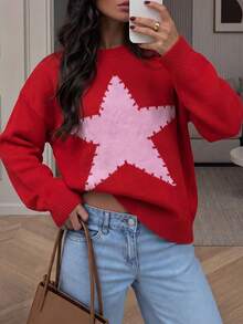 Just Masa Women's Fall Winter Colorblock Star Pattern Sweater Top,Long Sleeve Round Neck Rib-Knit Pullover,For Daily Wear,Going Out,Christmas,Travel - Red - View 6