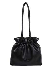 Men's Black Wrinkled PU Tote Bag, Large Capacity, Minimalist Commuter Shoulder Bag, Soft Texture, Drawstring Design, Versatile Handbag For Daily Travel - Multicolor - View 13
