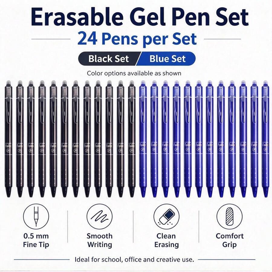 24pcs Retractable Erasable Gel Pens, 0.5mm Fine Tip Replaceable Refill Writing Pens, Built-In Eraser, Smooth Ink Pens, Suitable For Students, School, Office, Homework, Notes, Journal, Planning And Drawing, [Black/Blue Ink] - Sets - View 1