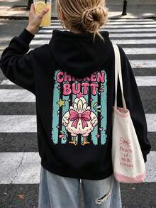 Teenage Girls Pullover Sweatshirt, Funny Chicken Butt Vintage Striped Back Print, Casual Daily Top For Autumn/Winter - Black - View 2