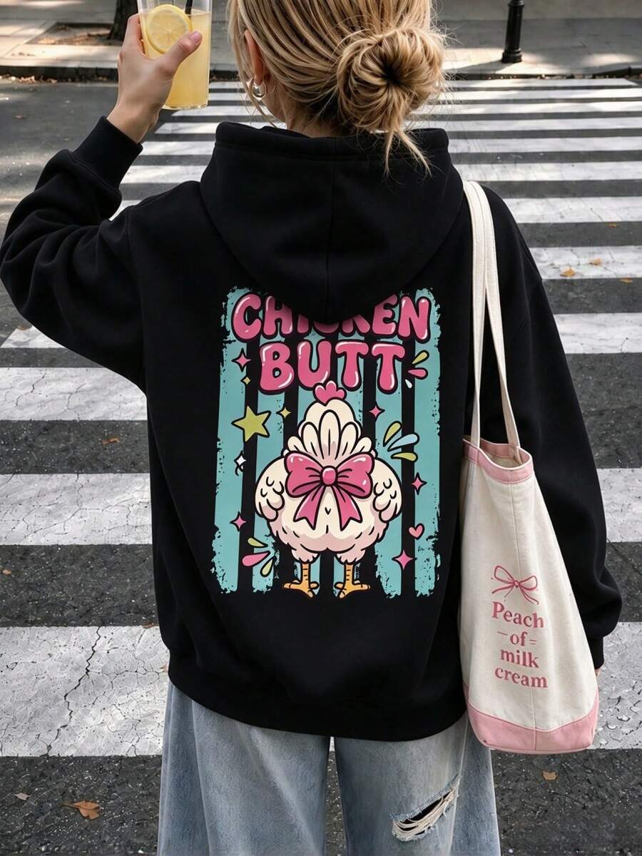 青少年女孩套頭運動衫,趣味雞屁股復古條紋背部印花,休閒日常上衣,適合秋冬 - 黑色 - 查看 1