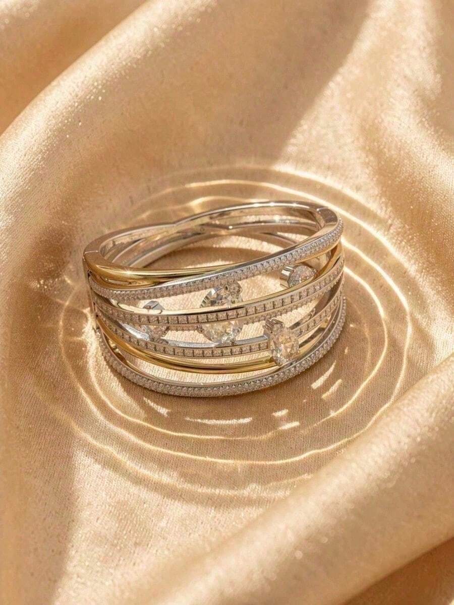 Swarovski Hyperbola Series Women's Bracelet, Premium Crystal Open Bangle, Rhodium-Plated Dual-Tone Metal Fashion Jewelry Accessory, Gift Jewelry - Clear - View 1