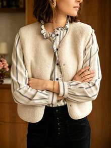 Rompi Sherpa Teddy Warna Krem, Rompi Fleece Tanpa Lengan Polos untuk Wanita, Pakaian Lapisan Penting - putih pucat - View 3