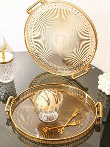 1pc Diamond Textured Double/Single Layer Tray With Handle, Modern Dual-Handle Tray, For Home - Gold - View 2