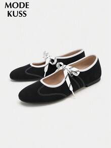 MODE KUSS New Women's Fashion Retro Contrast Color Bow Black Mary Jane Shoes, Slip-On Round Toe Commuter Soft Sole Ballet Flats - Black - View 6